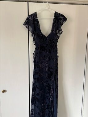 Lulu's Navy Floral V-Neck Ruffle Maxi Dress